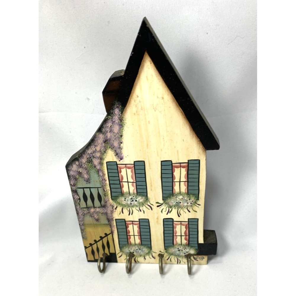 Painted Wood Key Holder Hooks Folk Art Country Cottage French Wall Decor